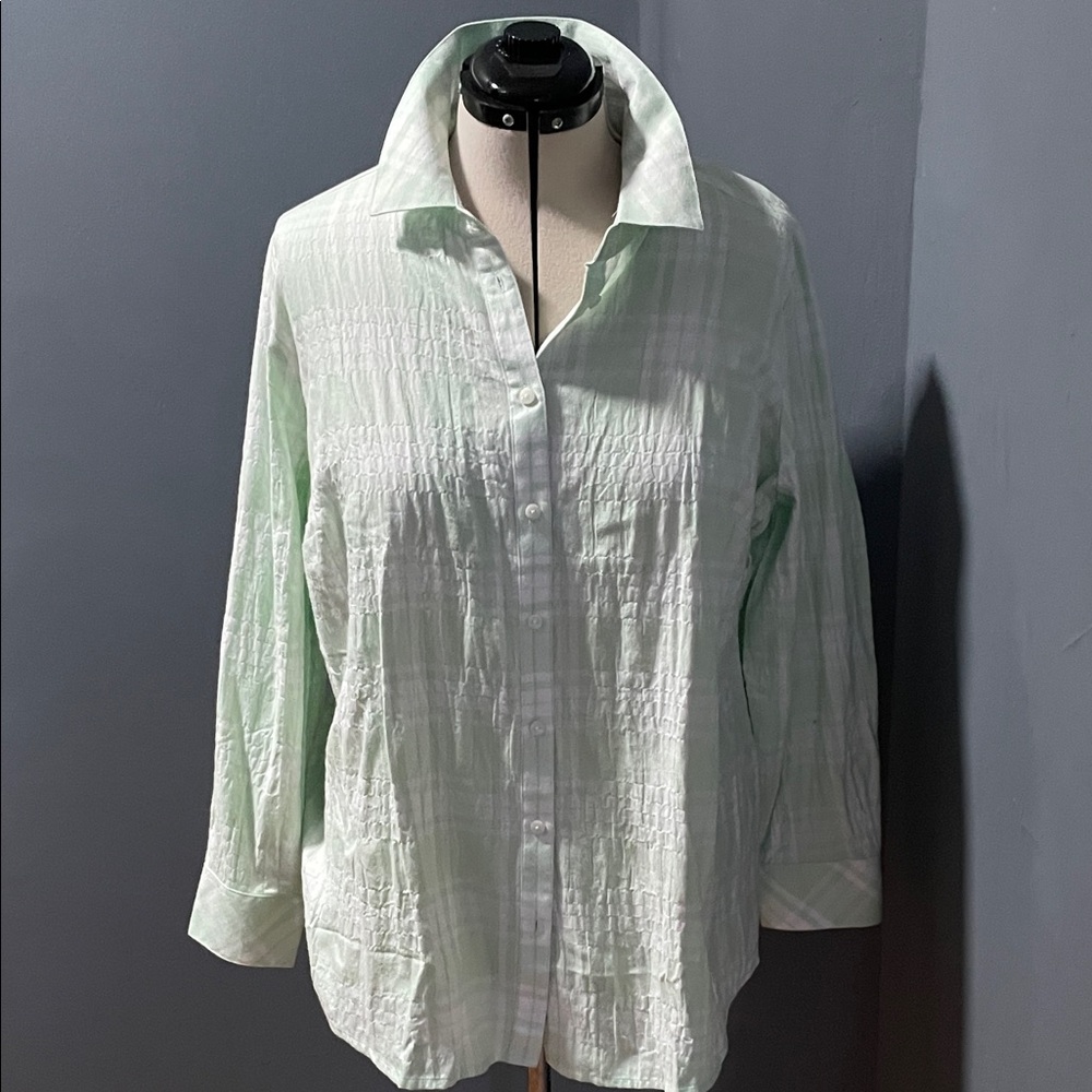Foxcroft Sea Mist Textured Button-Down Shirt Size-14 W NWT